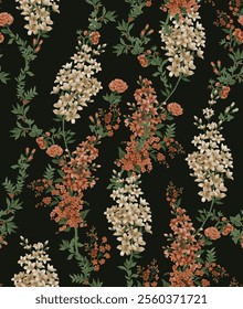 Seamless flower bouqet with dark background material digital vector pattern.