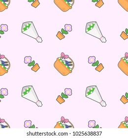 seamless of flower bouquet wine basket pink flower in flower pot background cartoon style