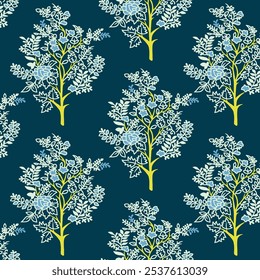 nahtloser Blumenzweigdruck, floraler Strauß mit blauem Hintergrund. für T-Shirt, Hintergrund, Tapete und alle Verwendungen
