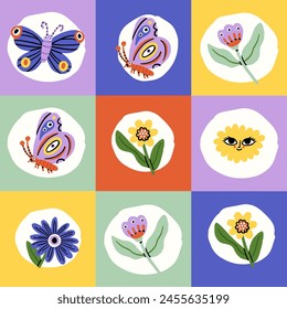 Seamless flower in bright squares pattern. Bright floral background with blossoms, butterfly. Repeating texture design. Multicolored backdrop for decor. Colored flat vector illustration for textile
