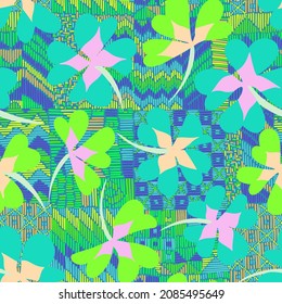 Seamless flower buds silhouettes on patchwork style surface pattern. Intricate overlay contemporary textile graphic design. Trendy flat doodle manner. Tribal folk funky art ornament.
