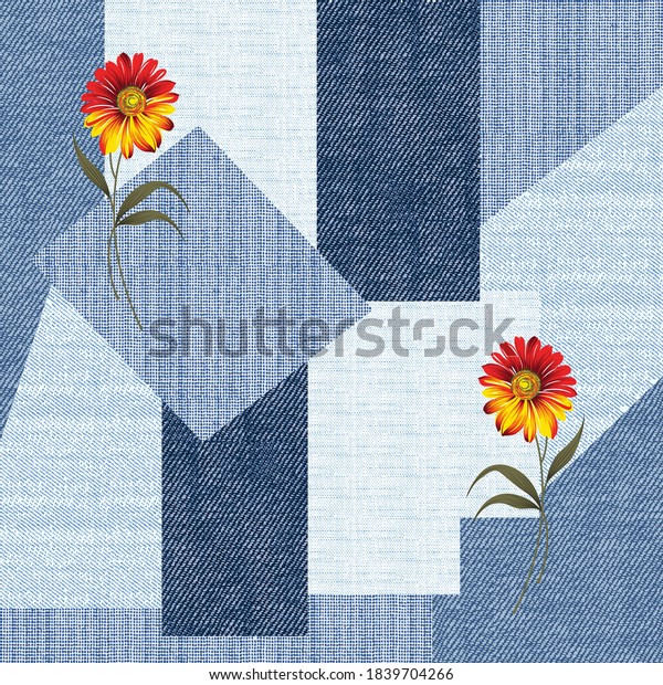 Seamless Flower Bunch On Denim Patchwork