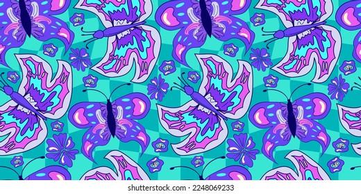 Seamless flower and butterfly trippy psychedelic pattern. Purple psychedelic seamless pattern. Magic floral daisy print. Trippy design hippie floral flat illustration. Retro y2k print