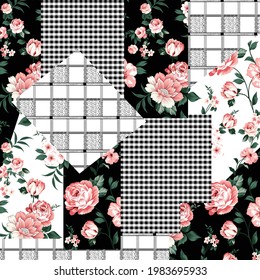 seamless flower with checks  patchwork pattern on black