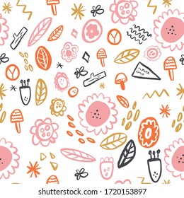 Seamless flower child pattern for hippies. Hand drawn Doodle repeat pattern. Pink Gold and Blue. 