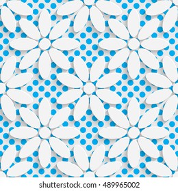 Seamless Flower and Circle Pattern. White and Blue Wrapping Background. Abstract Modern Graphic Design