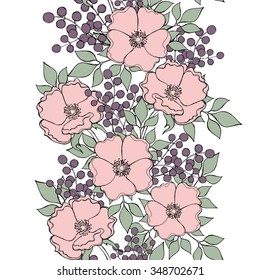 Seamless flower composition with dog-roses, berries and leaves in pastel colors. Vector EPS 10.