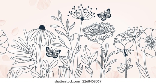 Seamless Flower composition. Full vector illustration with Pink Watercolor Effect background. Fully editable stroke
