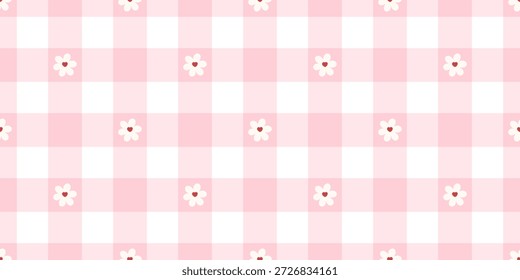 Seamless flower daisy pattern with white chamomile flowers and gingham background. Designed for spring fabrics, baby wallpaper, and sweet Valentine or Easter prints.