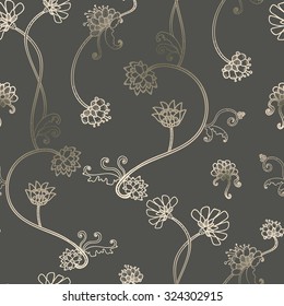 Seamless flower, floral, abstract hand-drawn pattern, dark background. Hand drawn vector illustration.
