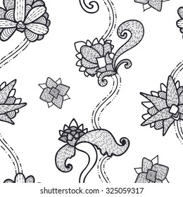 Seamless flower, floral, abstract hand-drawn pattern, black and white background.
