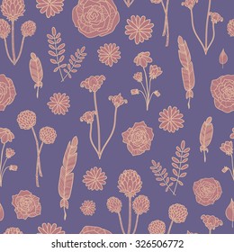 Seamless flower, floral, abstract hand-drawn pattern with feathers.