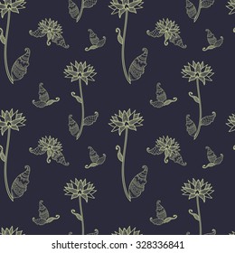 Seamless flower, floral, abstract hand-drawn pattern, dark background.