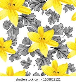 Seamless flower garder liliya pattern. Botany flora decoration. Vector drawing.