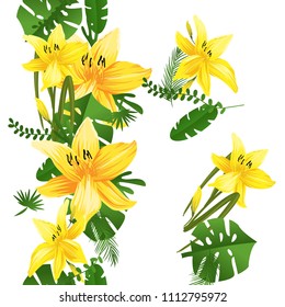 Seamless flower garder liliya pattern. Botany flora decoration. Vector drawing.