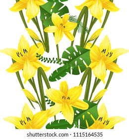 Seamless flower garder liliya pattern. Botany flora decoration. Vector drawing.