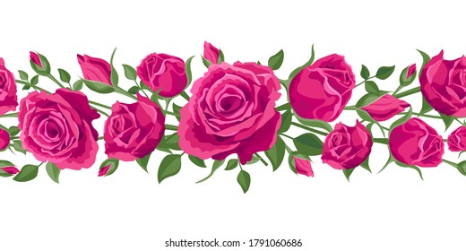 Seamless flower garland. Hot pink roses with leaves. Vector illustration, decoration, garland on a white background. Bright beautiful pink roses for weddings, birthday, anniversary