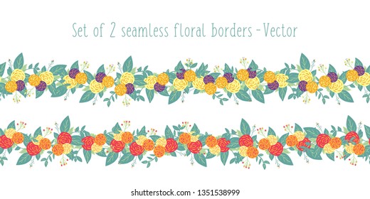 Seamless flower garland vector border set with stylized bright summer flowers. Spring and summer florals red yellow orange purple, green leaves. Endless horizontal texture for wedding invitation card