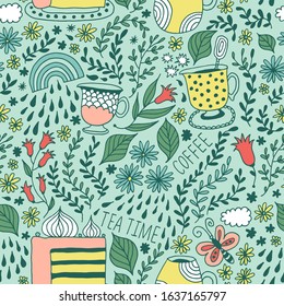 Seamless flower and leaf pattern, floral vector background, baby cartoon doodle pattern, endless texture for textile