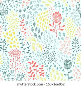 Seamless flower and leaf pattern, floral vector background, baby cartoon doodle pattern, endless texture for textile