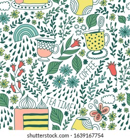 Seamless flower and leaf pattern, floral vector background, baby cartoon doodle pattern, endless texture for textile