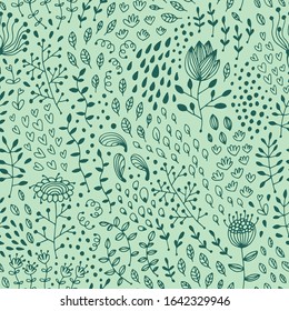 Seamless flower and leaf pattern, floral vector background, baby cartoon doodle pattern, endless texture for textile