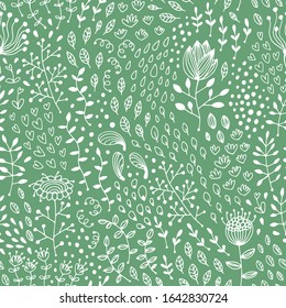 Seamless flower and leaf pattern, floral vector background, baby cartoon doodle pattern, endless texture for textile