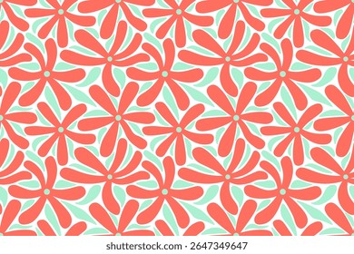 Seamless flower and leaf pattern with six-petal peach flowers and mint green leaves on white background.
