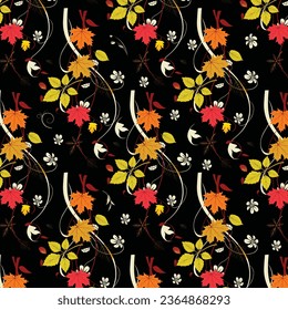 seamless flower and leaf patterns black background - Shutterstock ID 2364868293