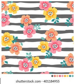 Seamless of flower and leaf vector pattern with brush stripes background