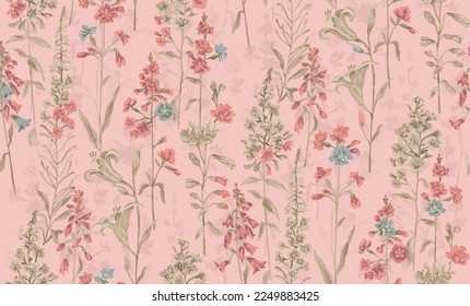 Seamless flower and leaves design pattern on texture background.