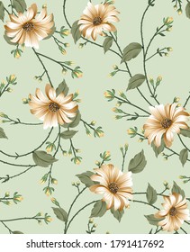 seamless flower and leaves pattern on GREEN background