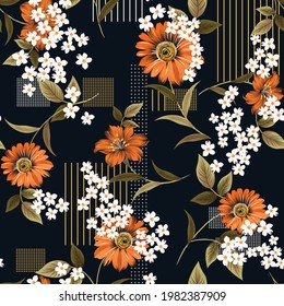seamless flower with leaves pattern on black