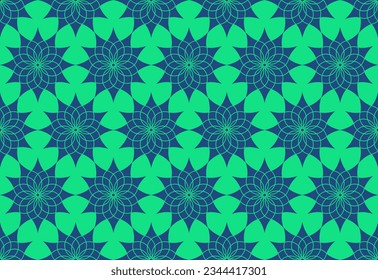 Seamless Flower of life mandala of sacred ancient geometry. Colorful Vector floral pattern wallpaper. Alchemy, religion, philosophy, astrology and spirituality themes. Blue and green background