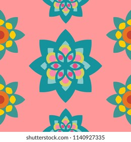 Seamless flower mandala design with punchy pastel colors.