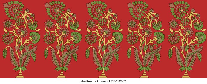 Seamless flower motif butta pattern with red background