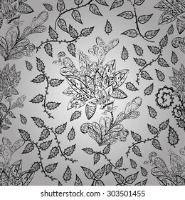 Seamless flower on grey background, hand drawn doodle pattern in vector