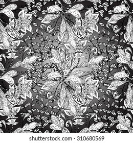 Seamless flower on grey background, hand drawn doodle pattern in vector