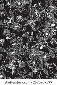 Padrão de flor sem costura abstrato e em relevo florescendo brilhante motivo arranjo de flor todo - sobre ilustração de design têxtil digital imagem impressão fábrica