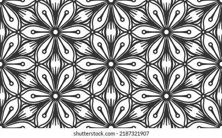 Patrón de flores sin foco. Resumen de textura geométrica de línea negra floral. Rótulo de tela de moda vintage, alfombra, papel tapizado, embalaje de papel impreso. Diseño de mosaico hexágono de encaje árabe monocromo