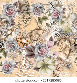 Seamless flower pattern with abstract hand drawn collage art leaf baroque and leopard skin background elements in brown, green and pink colors