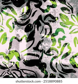 Seamless flower pattern with abstract hand drawn art brush drawing and leaf background elements in green, black and grey colors