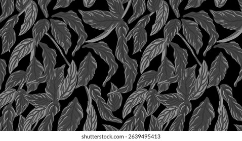 Seamless flower pattern. Abstract pattern. Textile print pattern. Black background and grey leaf design.