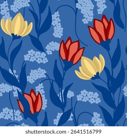 Seamless flower pattern. Abstract pattern. Textile print pattern. Blue background. 