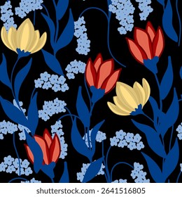 Seamless flower pattern. Abstract pattern. Textile print pattern. Black background. 