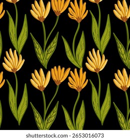 Seamless flower pattern. Abstract pattern. Textile print pattern. Black background.