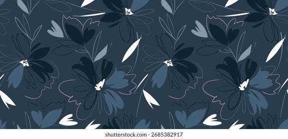 Padrão de flor sem costura. Padrão abstrato. Padrão de impressão têxtil. Cor índigo.