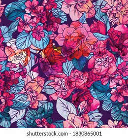 Seamless flower pattern with alcohol ink texture on background, pink and blue shades. Hand drawn vector watercolor illustration.