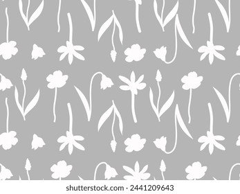 Seamless flower pattern (among them: Muscari and Galanthus (Snowdrop flower)). Straight linear structure. Shade of gray and white colors. Flat vector illustration.