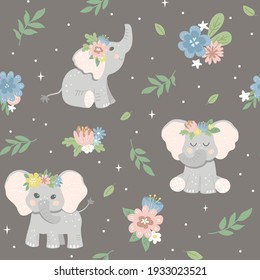 Seamless flower pattern with baby elephants. Good for textiles, fabrics, wallpaper. Flat design, vector illustrationelephants.